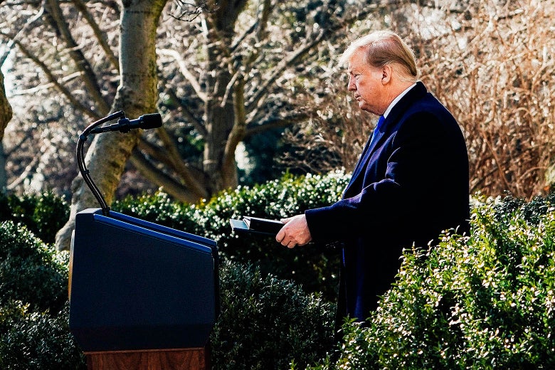 Donald Trump arrives to deliver remarks in the Rose Garden at the White House on Friday.